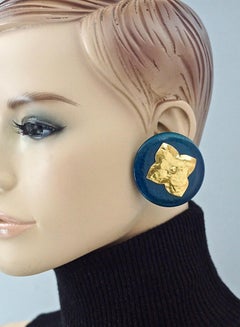 Vintage YVES SAINT LAURENT Ysl Blue Wood Textured Gilt Flower Earrings