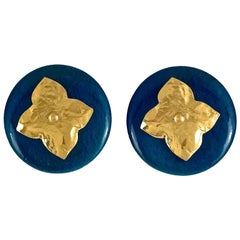 Vintage YVES SAINT LAURENT Ysl Blue Wood Textured Gilt Flower Earrings