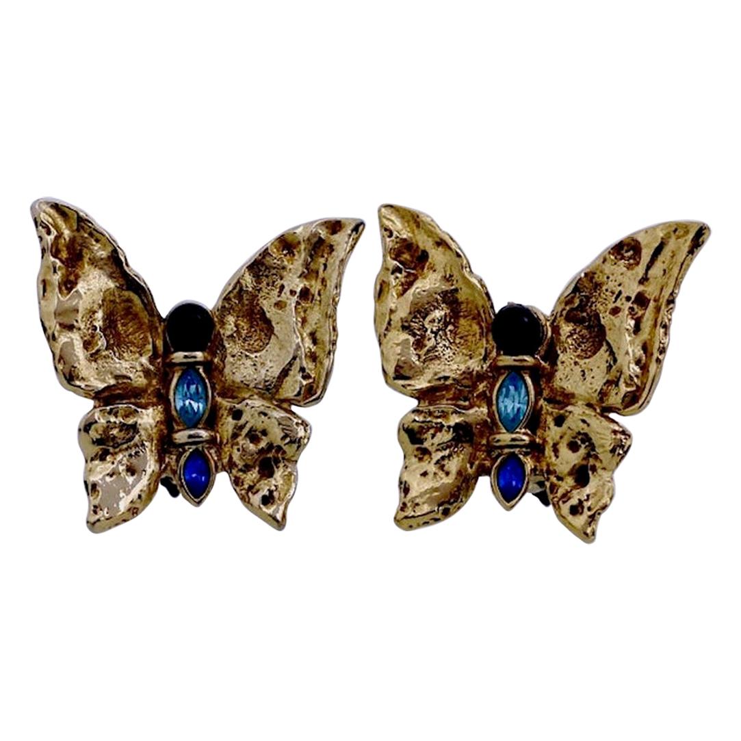 Earrings with butterfly vintage brass leaves and rhinestones