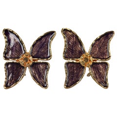 Vintage YVES SAINT LAURENT Ysl Butterfly Violet Enamel Earrings