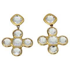 Vintage YVES SAINT LAURENT Ysl by Goossens Clear Crystal Cross Dangling Earrings