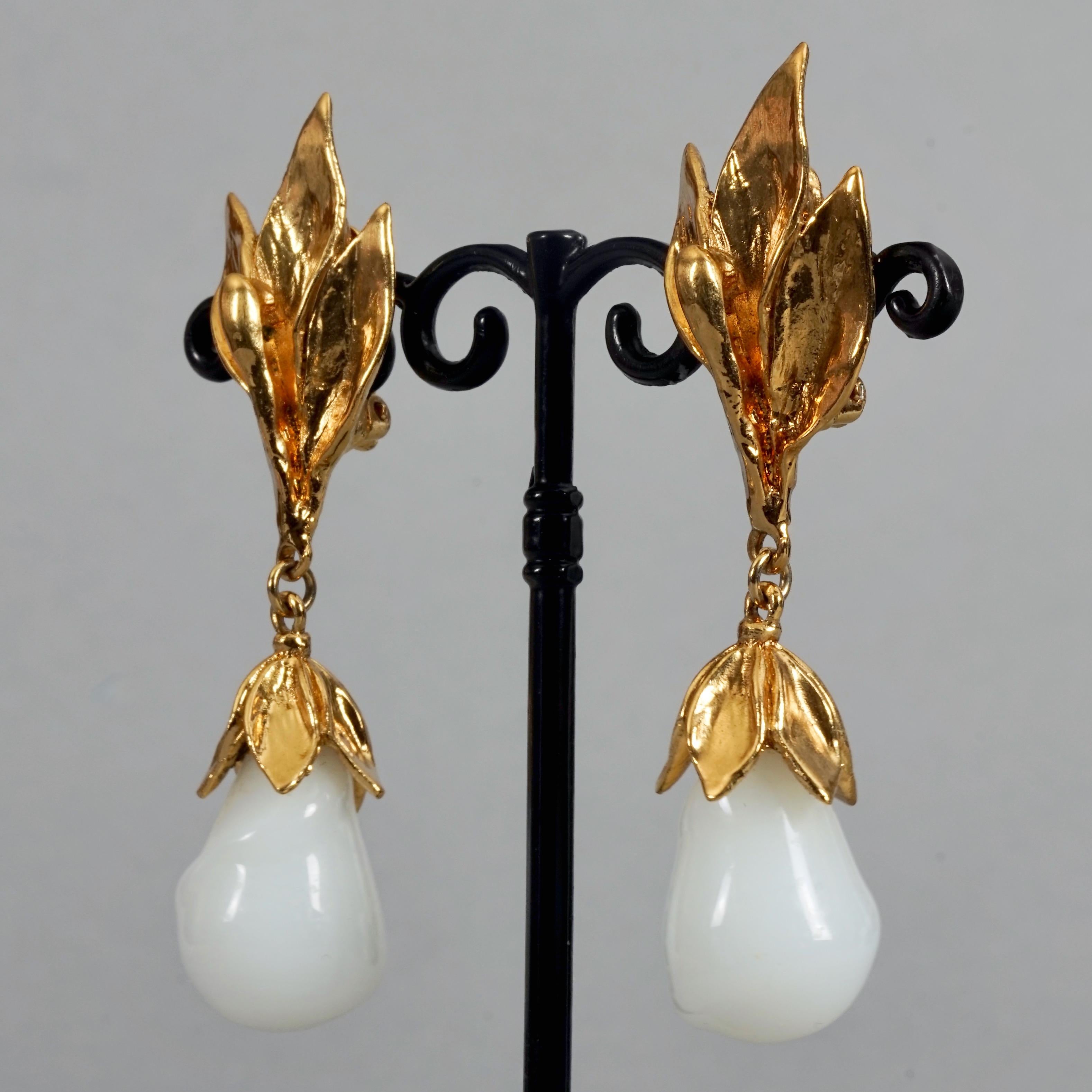 Women's Vintage YVES SAINT LAURENT Ysl by Goossens Flower Glass Milk Teardrop Earrings