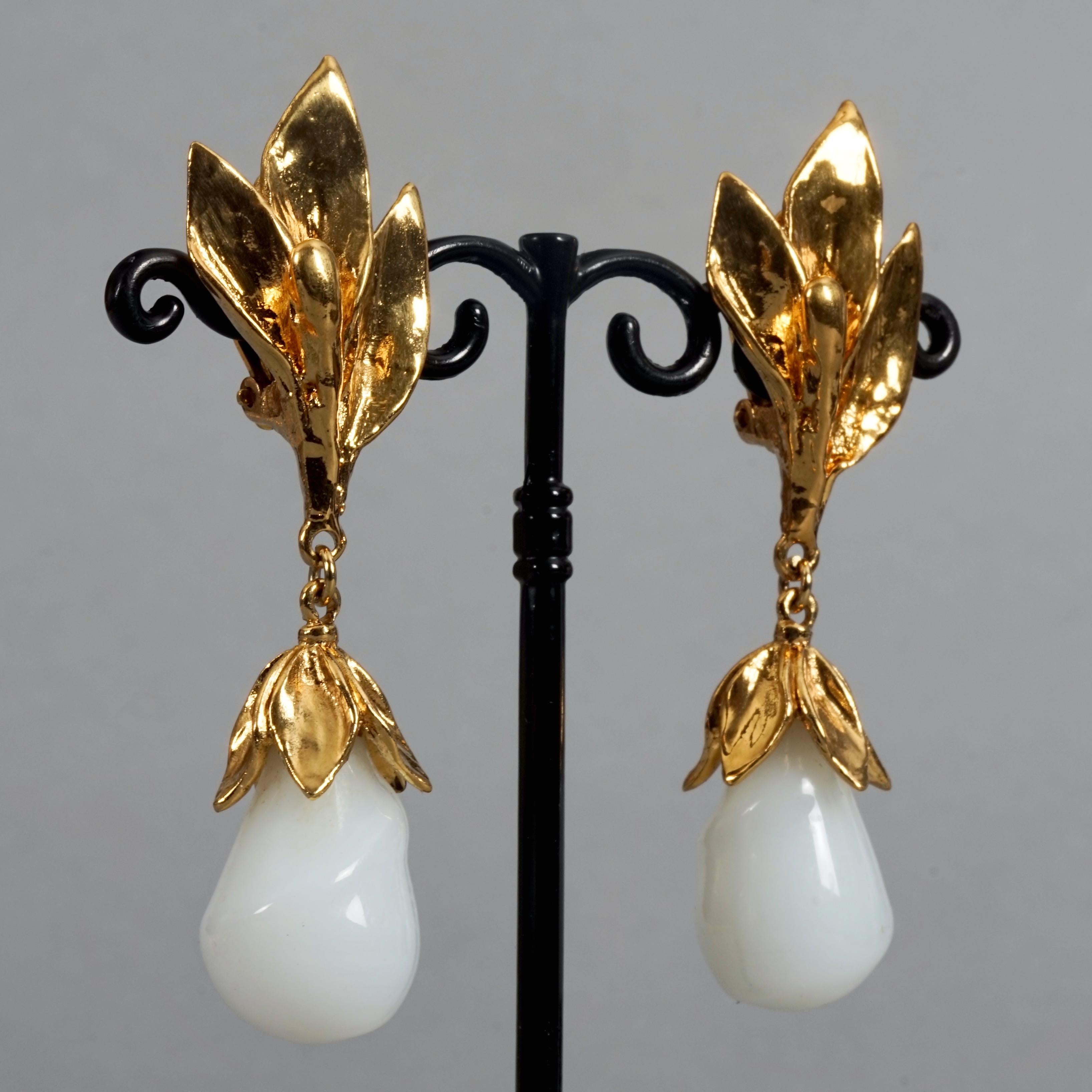 Vintage YVES SAINT LAURENT Ysl by Goossens Flower Glass Milk Teardrop Earrings 1