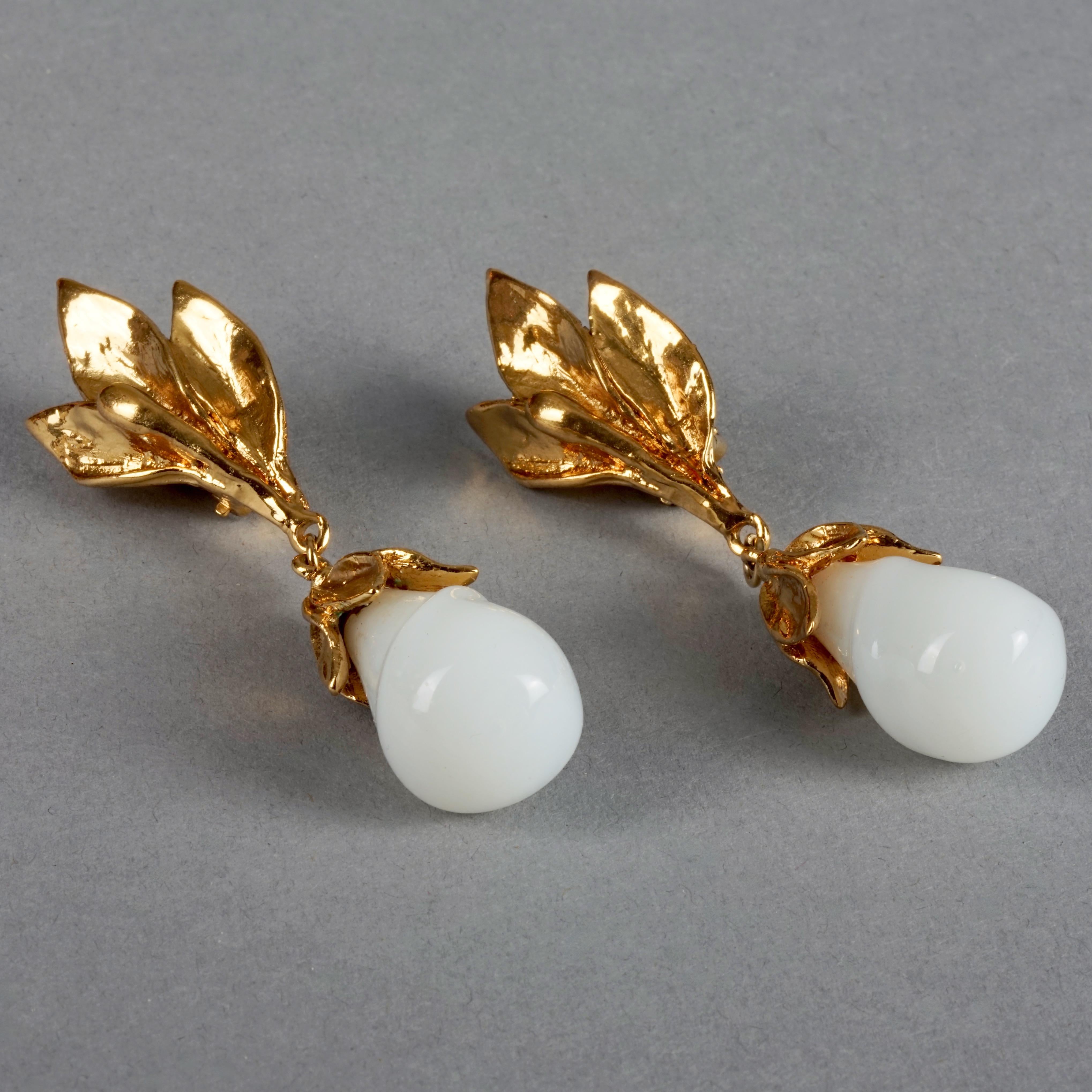 Vintage YVES SAINT LAURENT Ysl by Goossens Flower Glass Milk Teardrop Earrings 3