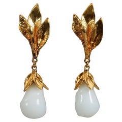 Vintage YVES SAINT LAURENT Ysl by Goossens Flower Glass Milk Teardrop Earrings