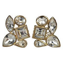 Vintage YVES SAINT LAURENT Ysl by Goossens Geometric Clear Rhinestones Earrings