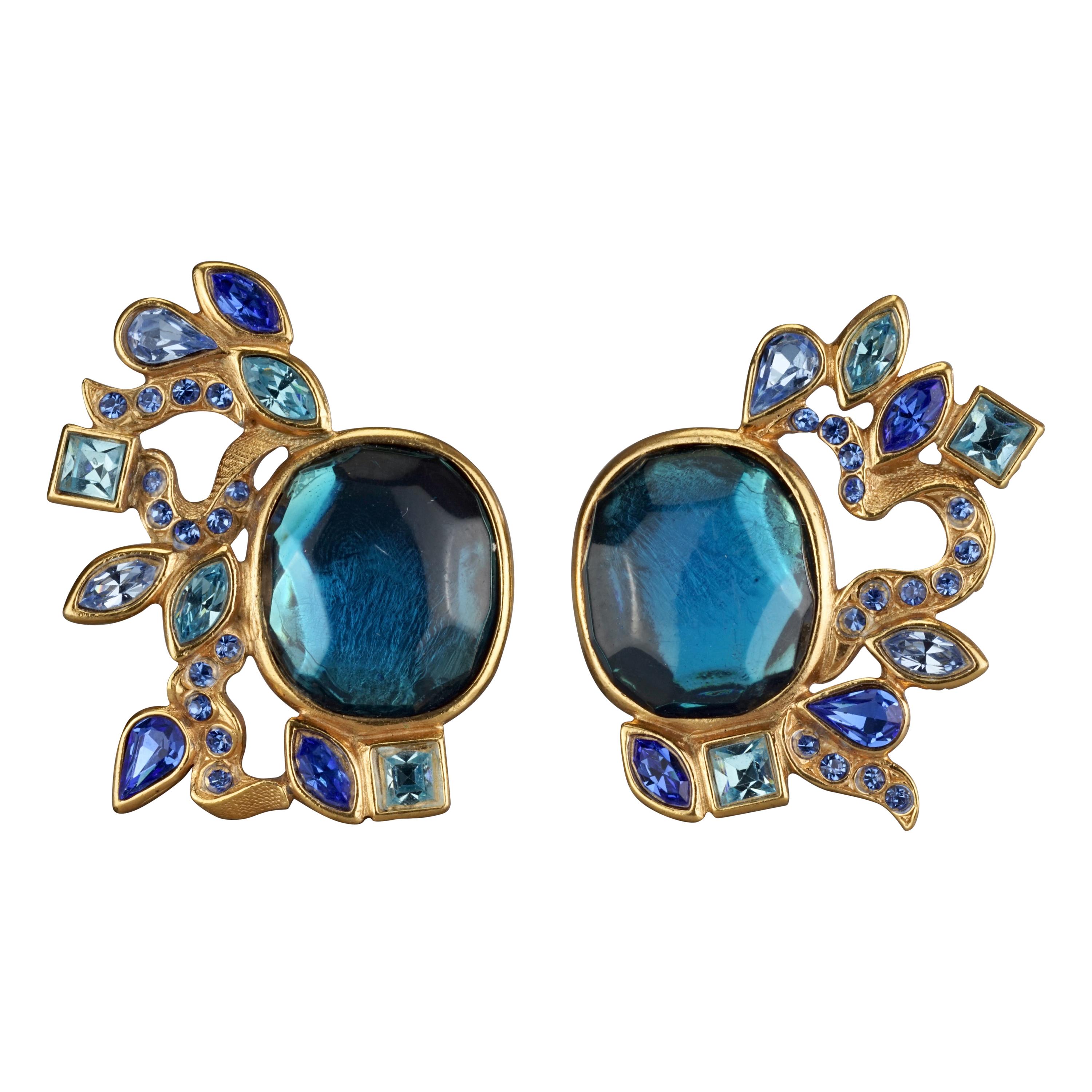 Vintage YVES SAINT LAURENT Ysl by Goossens Ornate Faceted Blue Stone Earrings