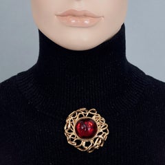 Vintage YVES SAINT LAURENT Ysl by Goossens Ruby Red Glass Cabochon Flower Brooch
