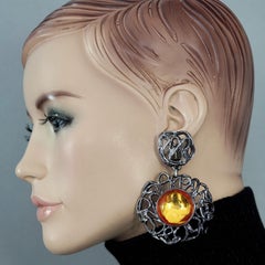Vintage YVES SAINT LAURENT Ysl by Goossens Stone Flower Gunmetal Drop Earrings