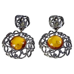 Vintage YVES SAINT LAURENT Ysl by Goossens Stone Flower Gunmetal Drop Earrings