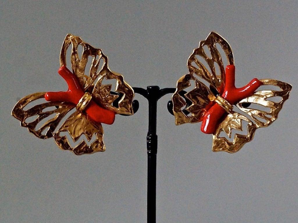 Women's Vintage YVES SAINT LAURENT Ysl by Robert Goossens Butterfly Coral Branch Earring For Sale