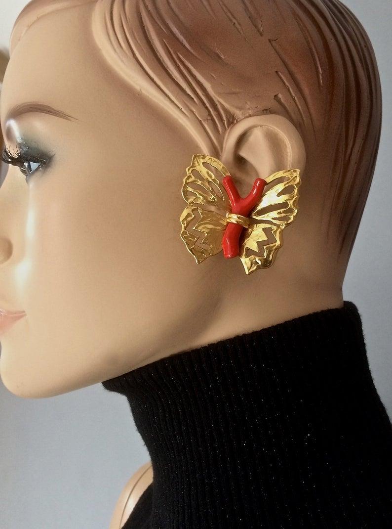 Vintage YVES SAINT LAURENT Ysl by Robert Goossens Butterfly Coral Branch Earring For Sale 1