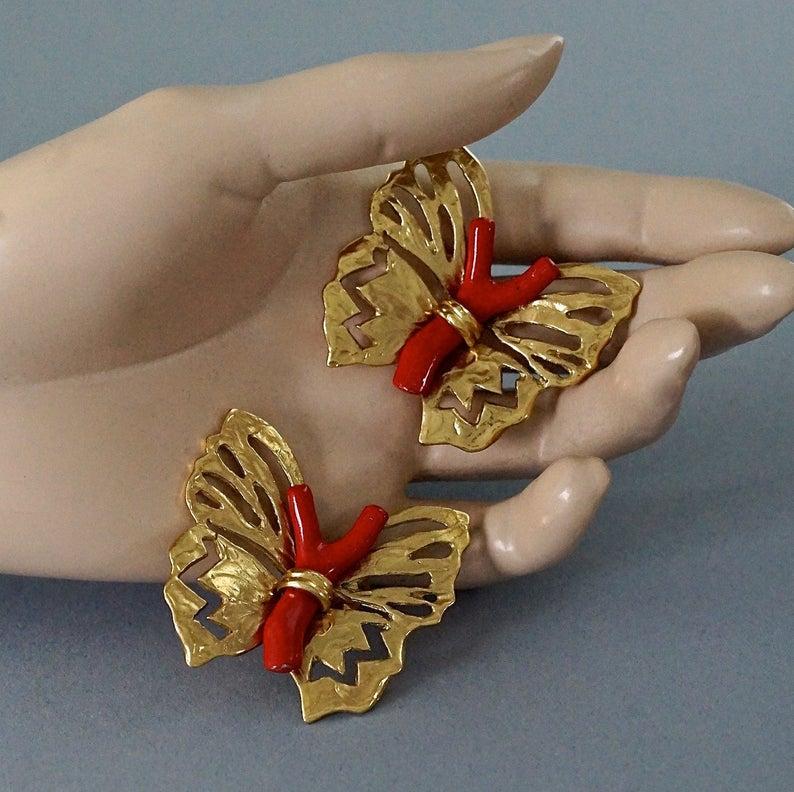 Vintage YVES SAINT LAURENT Ysl by Robert Goossens Butterfly Coral Branch Earring For Sale 2