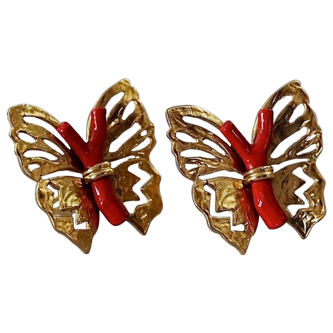 Vintage YVES SAINT LAURENT Ysl by Robert Goossens Butterfly Coral Branch Earring For Sale
