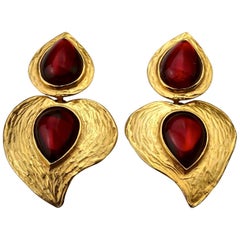 Vintage YVES SAINT LAURENT Ysl by Robert Goossens Heart Red Cabochon Earrings
