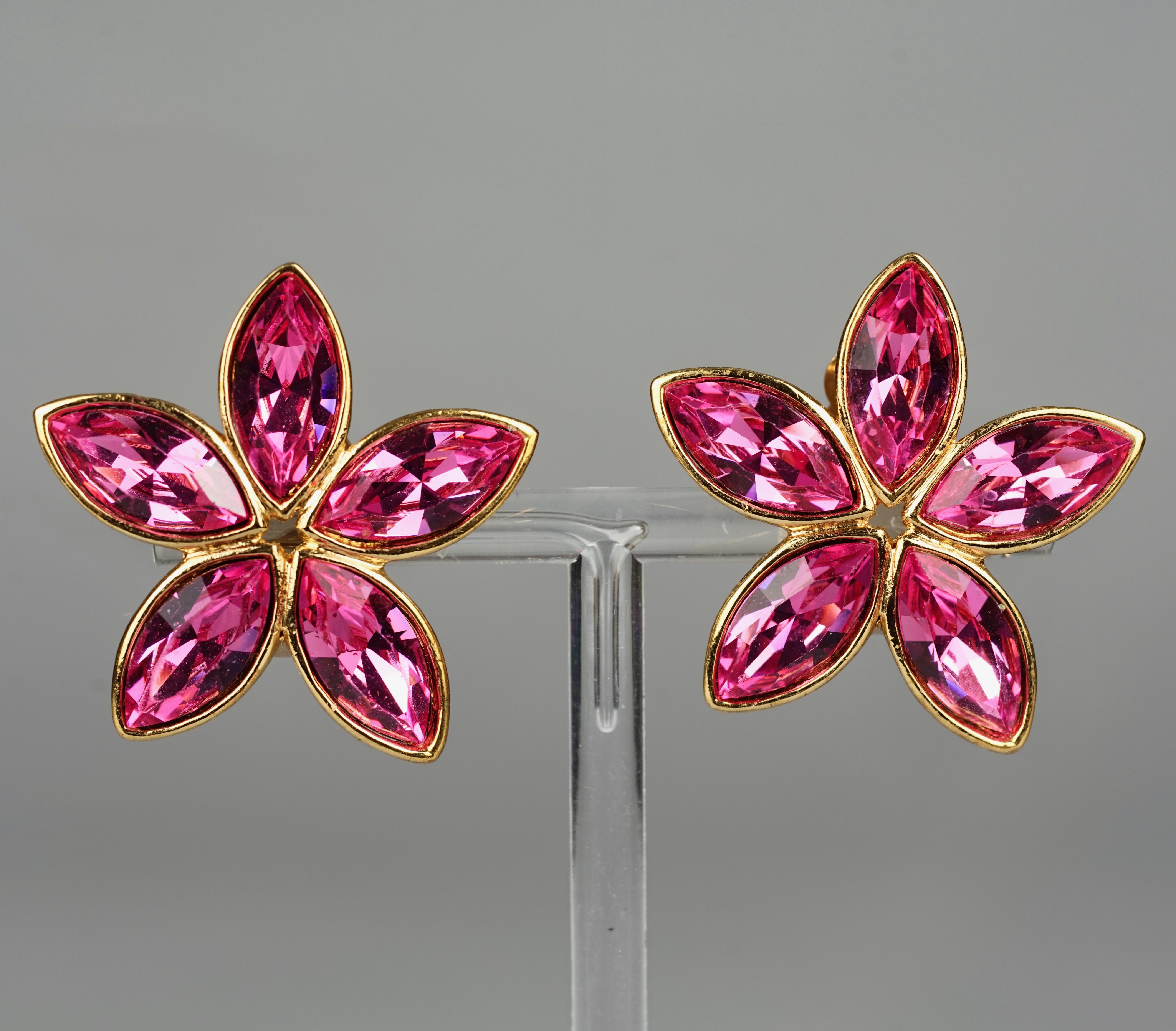 Vintage YVES SAINT LAURENT Ysl by Robert Goossens Pink Rhinestone Flower Earring For Sale 1