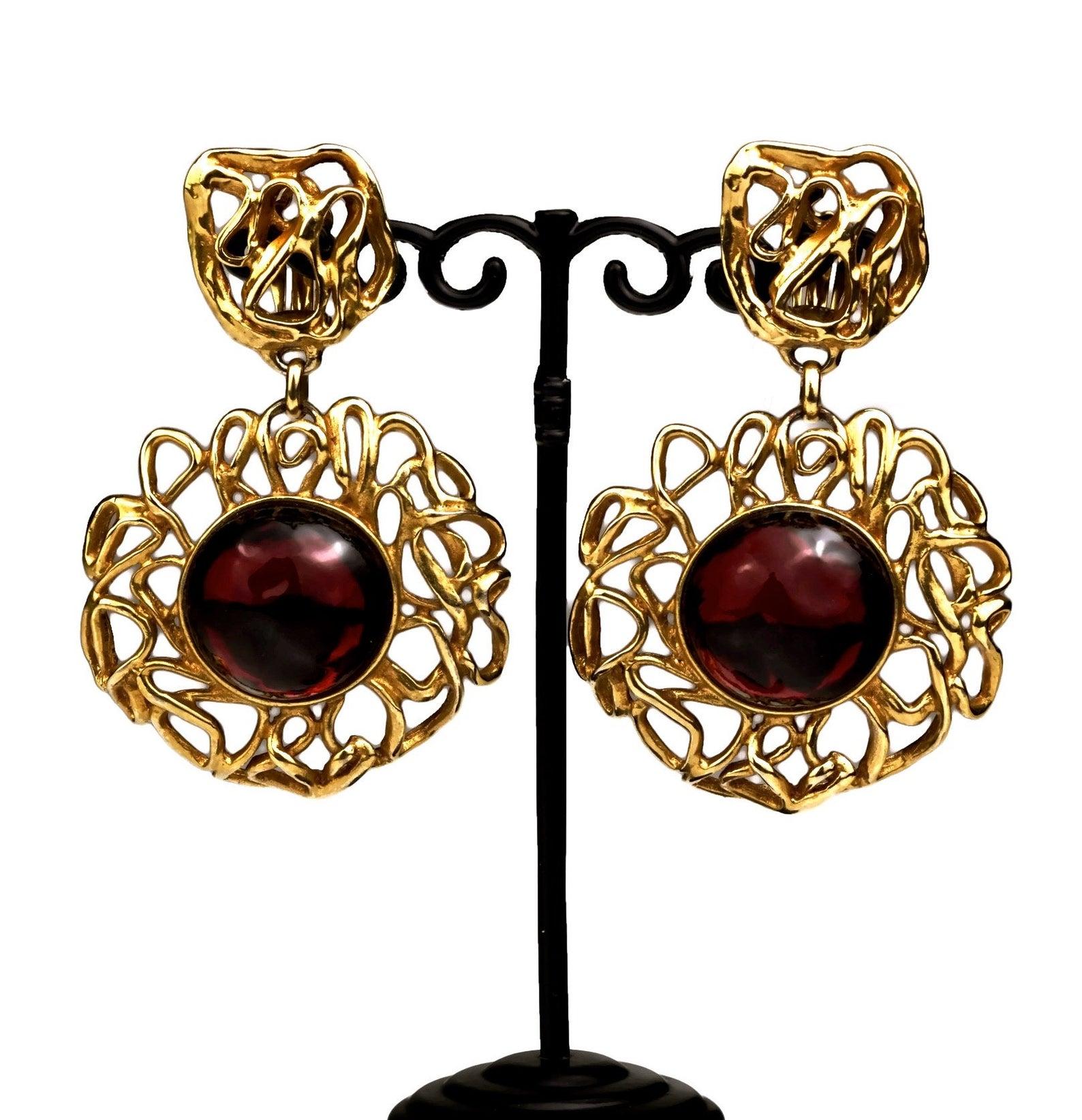 Vintage YVES SAINT LAURENT Ysl by Robert Goossens Ruby Cabochon Flower Earrings 1