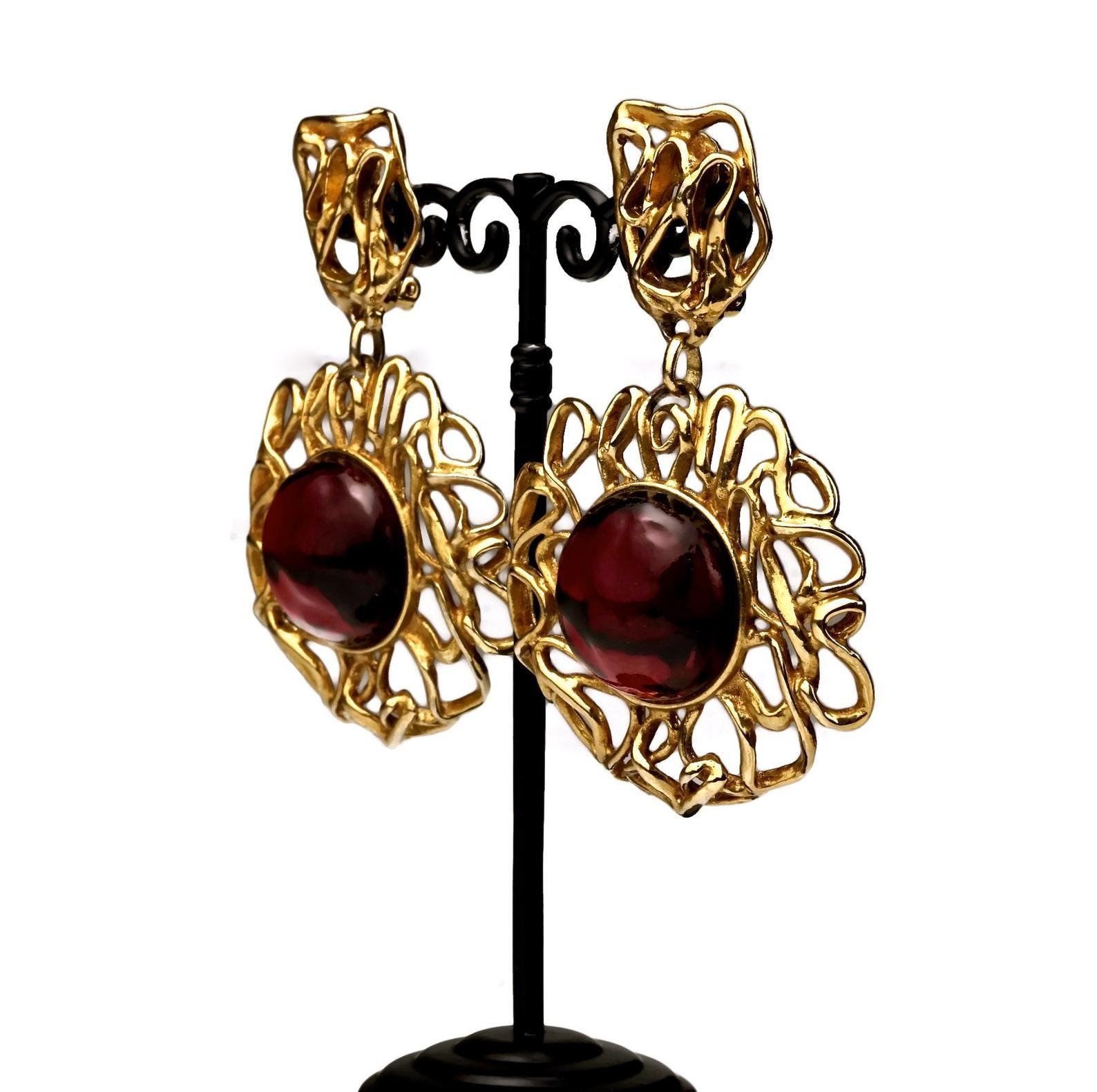Vintage YVES SAINT LAURENT Ysl by Robert Goossens Ruby Cabochon Flower Earrings 2