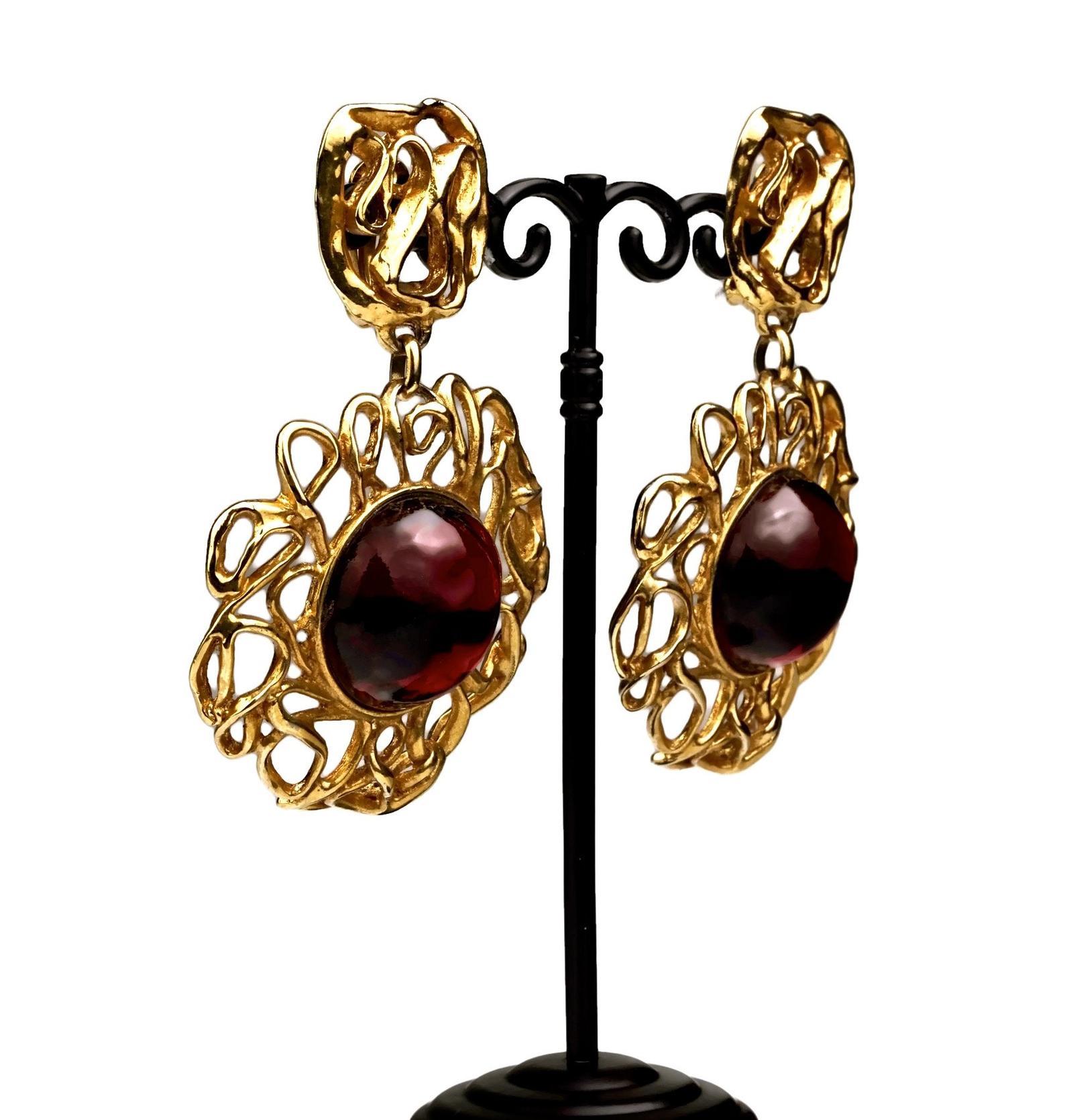 Vintage YVES SAINT LAURENT Ysl by Robert Goossens Ruby Cabochon Flower Earrings 3
