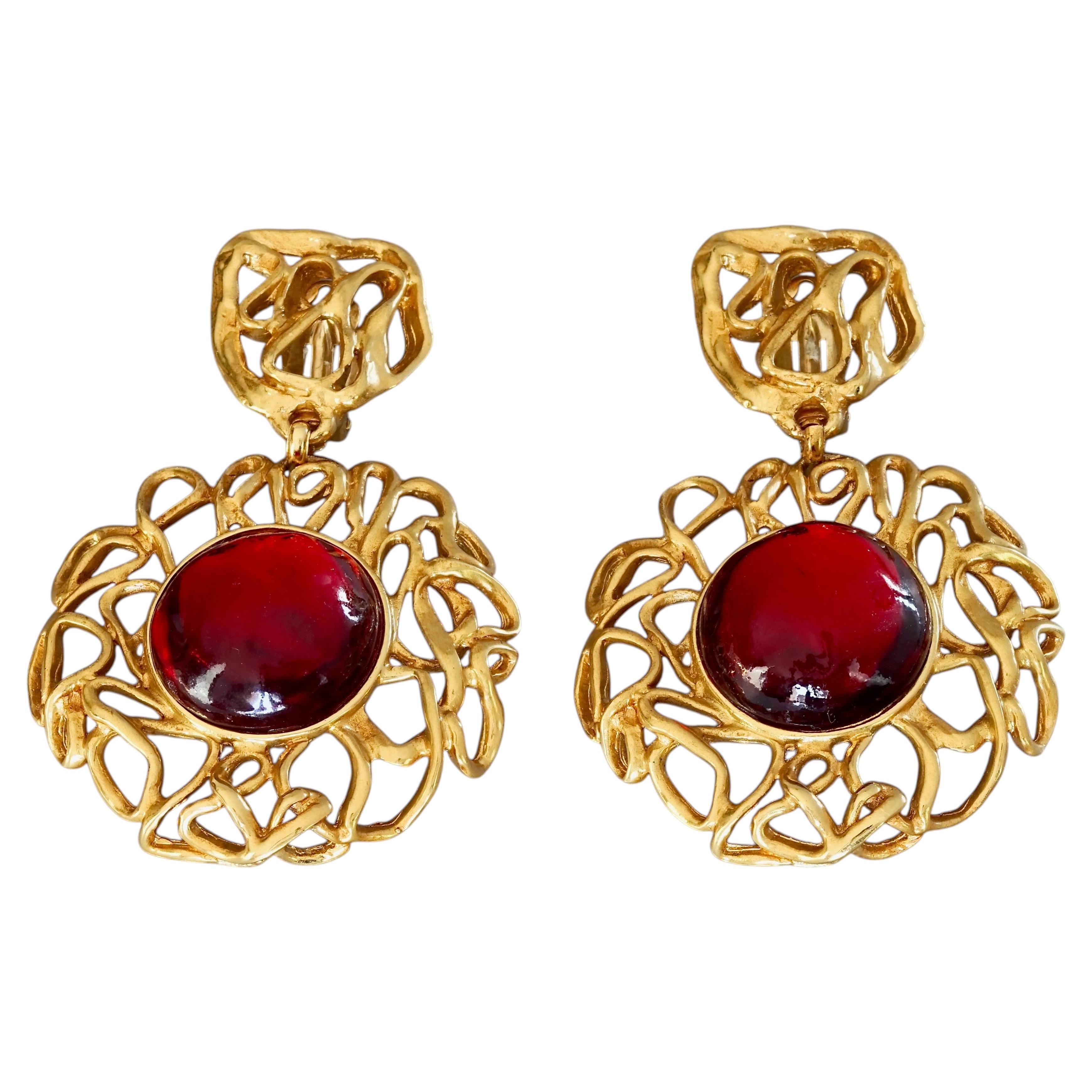 Vintage YVES SAINT LAURENT Ysl by Robert Goossens Ruby Flower Dangling Earrings