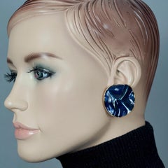 Vintage YVES SAINT LAURENT Ysl by Robert Goossens Wrinkled Blue Enamel Disc Earr