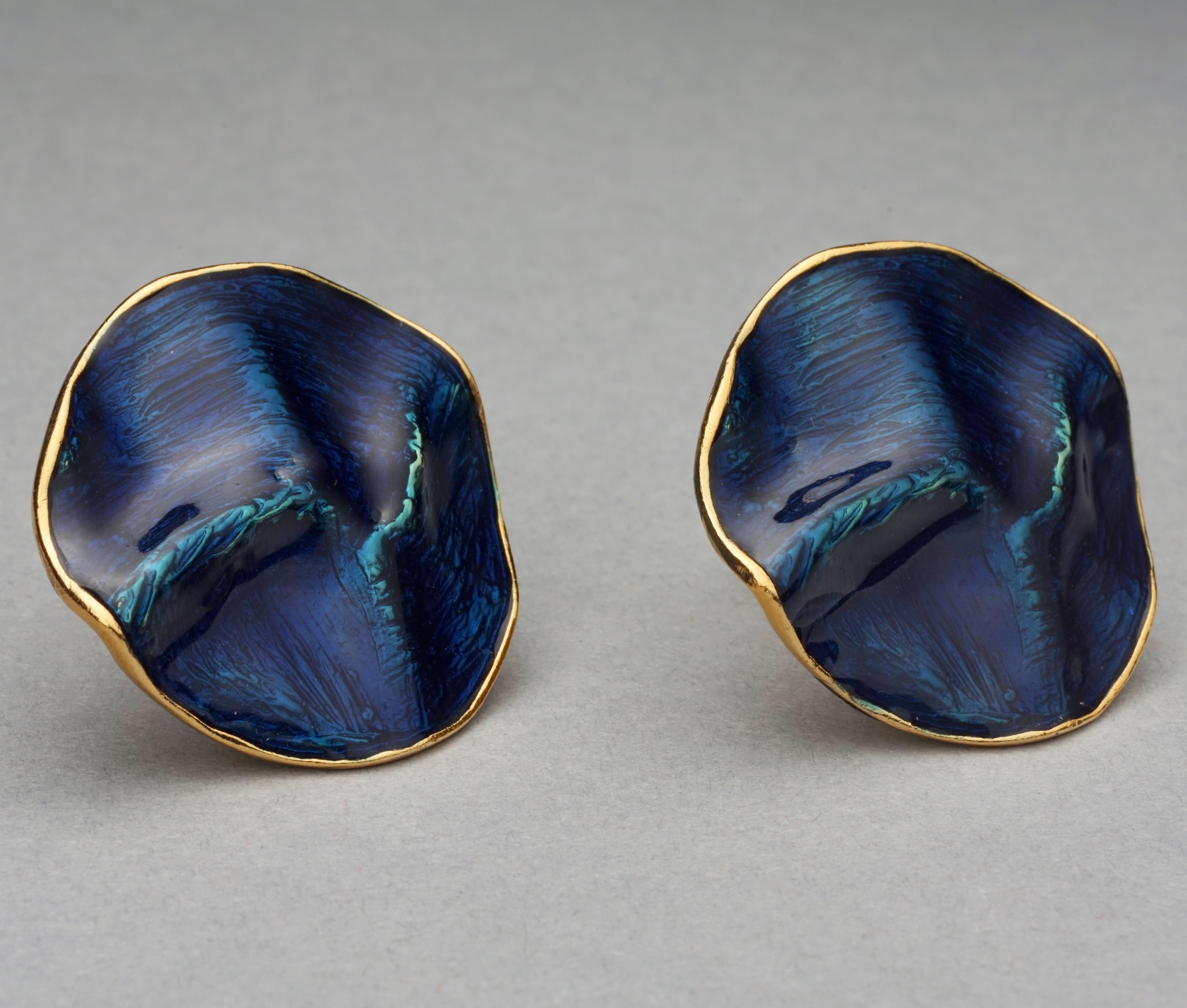 Women's Vintage YVES SAINT LAURENT Ysl by Robert Goossens Wrinkled Blue Enamel Disc Earr