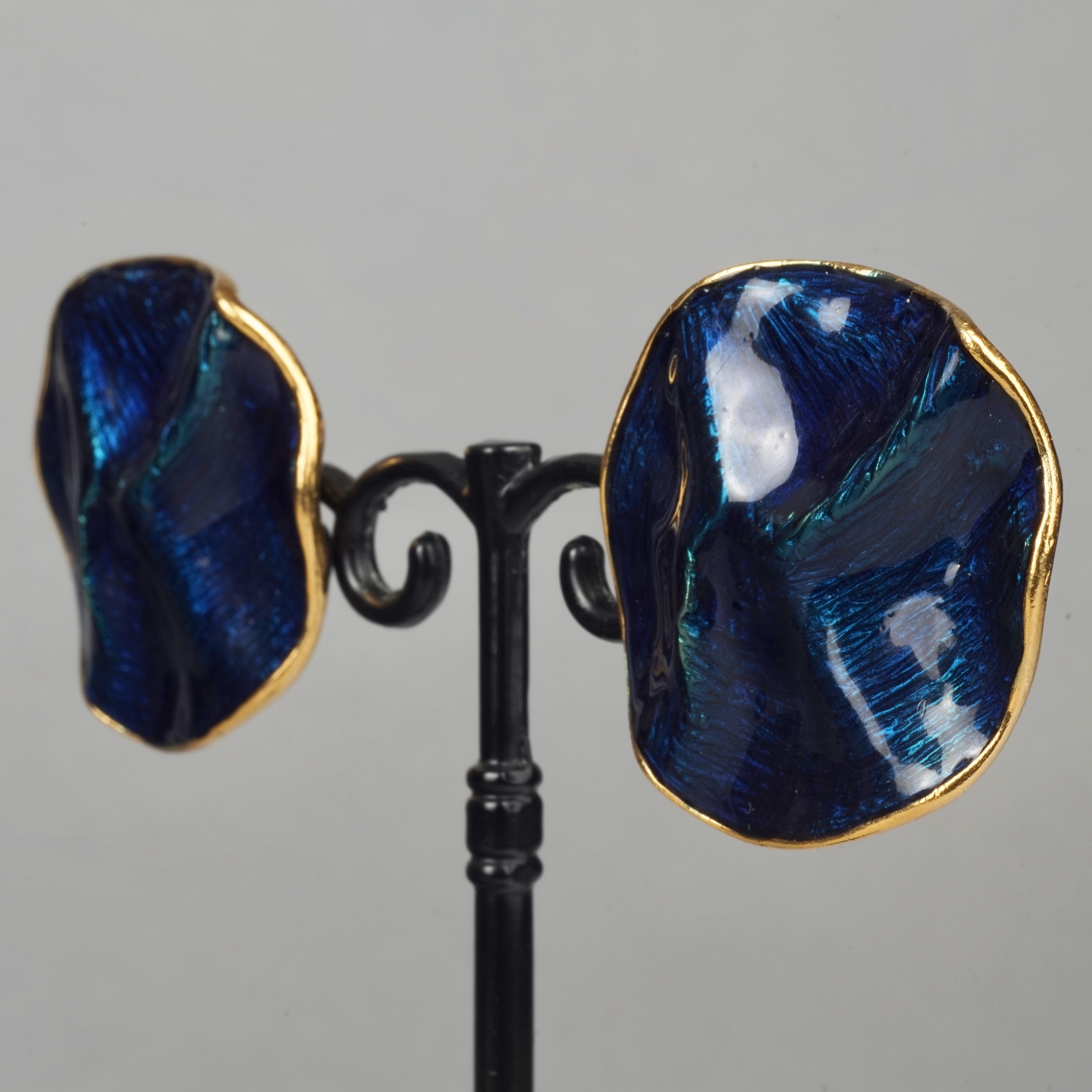 Vintage YVES SAINT LAURENT Ysl by Robert Goossens Wrinkled Blue Enamel Disc Earr 2