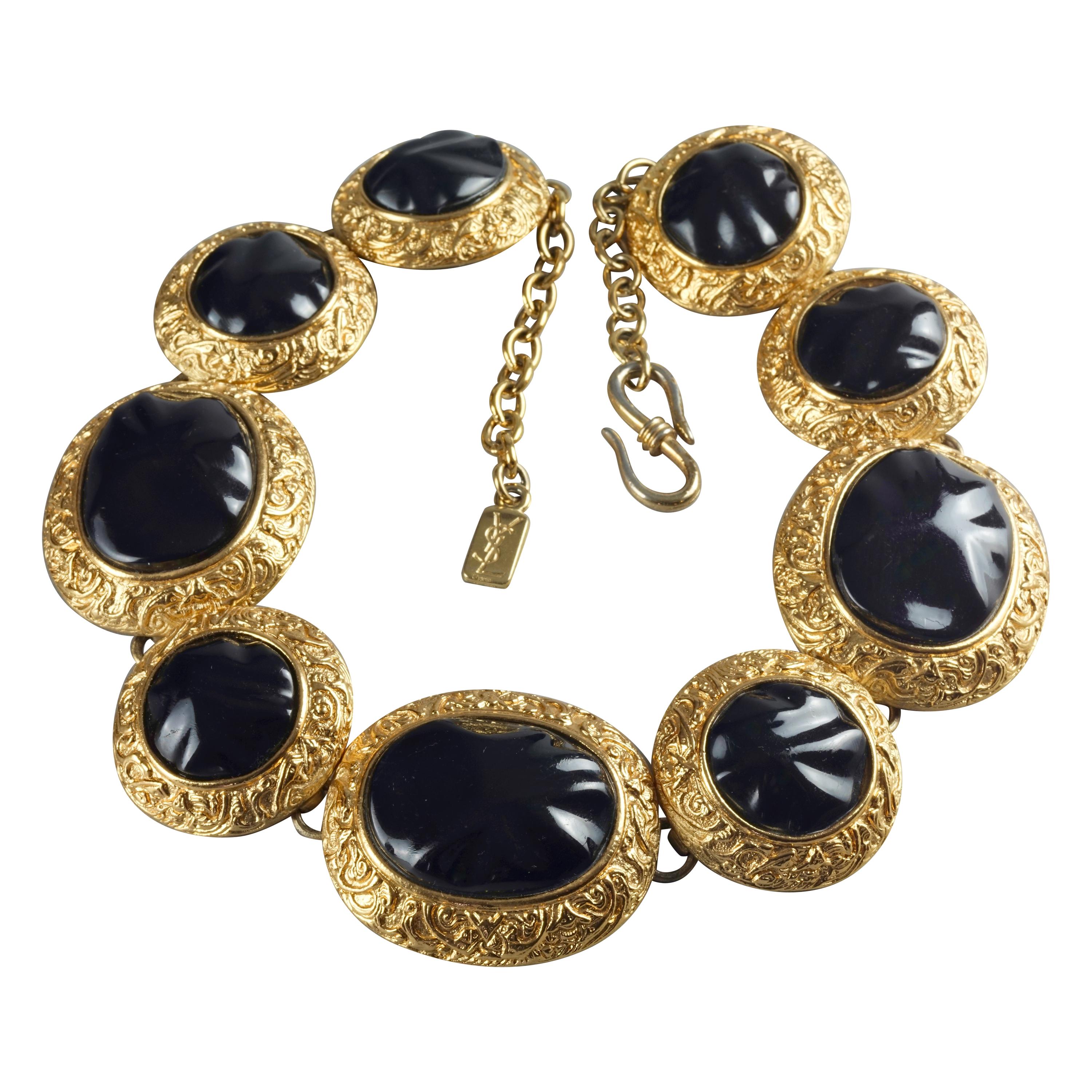 Vintage YVES SAINT LAURENT Ysl Byzantine Black Cabochon Link Necklace