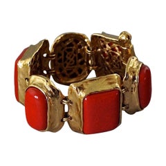Vintage YVES SAINT LAURENT Ysl Chunky Geometric Coral Cabochon Bracelet
