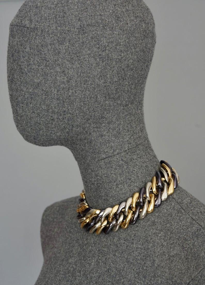 Vintage YVES SAINT LAURENT Ysl Chunky Tricolour Chain Necklace 1