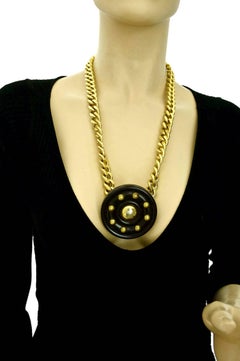 Vintage YVES SAINT LAURENT Ysl Chunky Wood Medallion Studded Necklace
