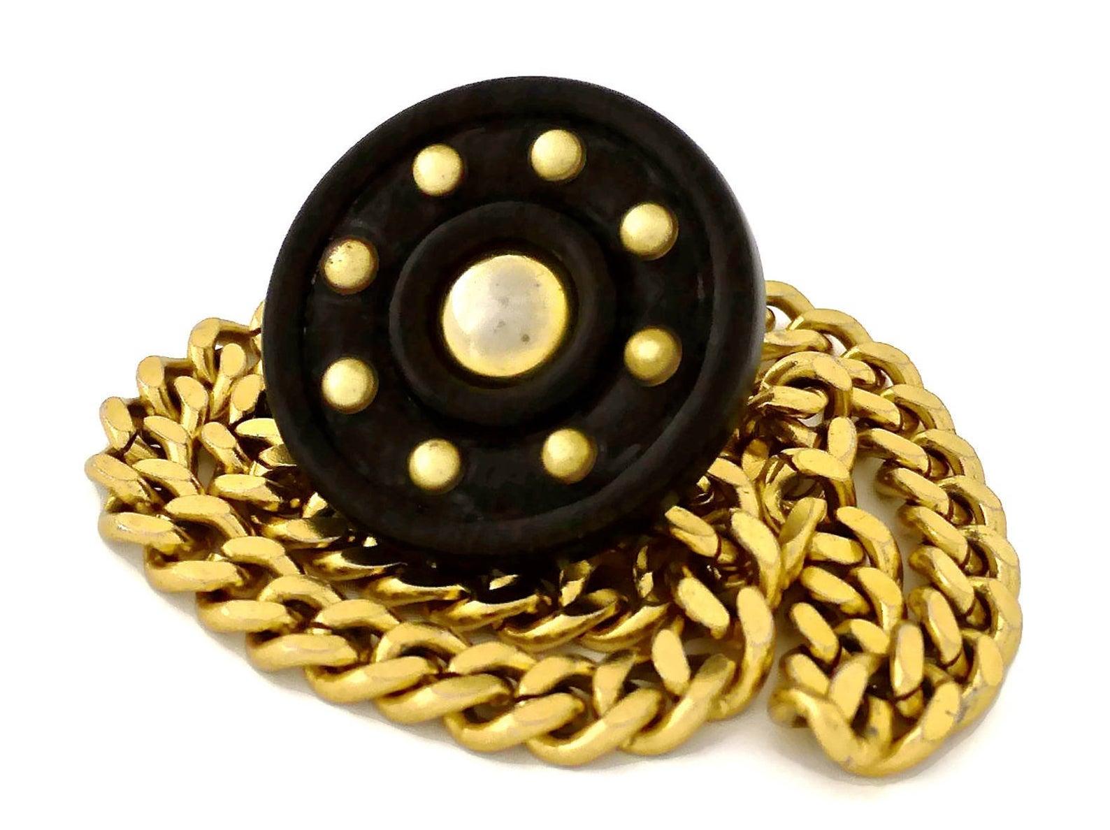 Women's Vintage YVES SAINT LAURENT Ysl Chunky Wood Medallion Studded Necklace For Sale