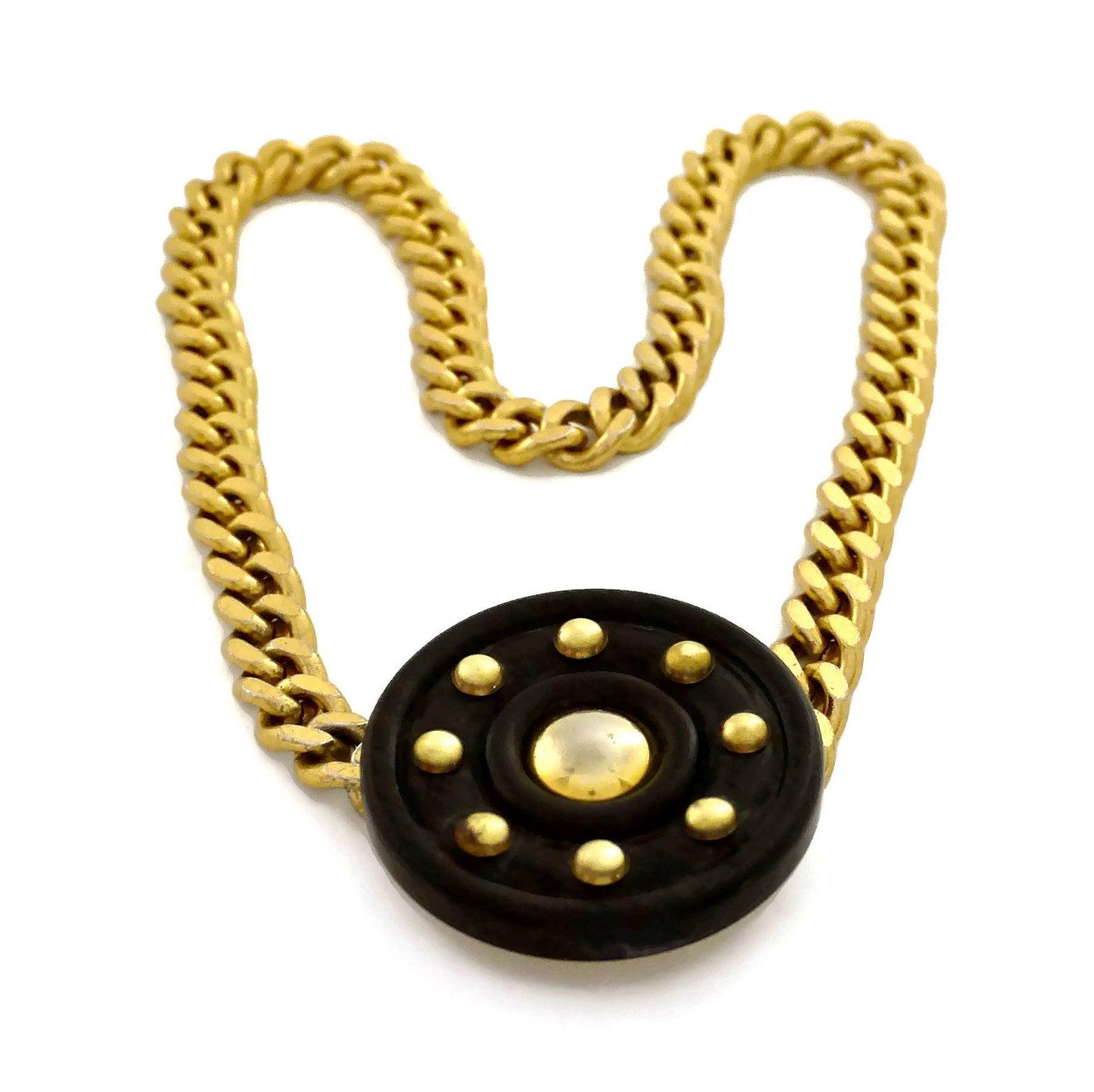 Vintage YVES SAINT LAURENT Ysl Chunky Wood Medallion Studded Necklace For Sale 1