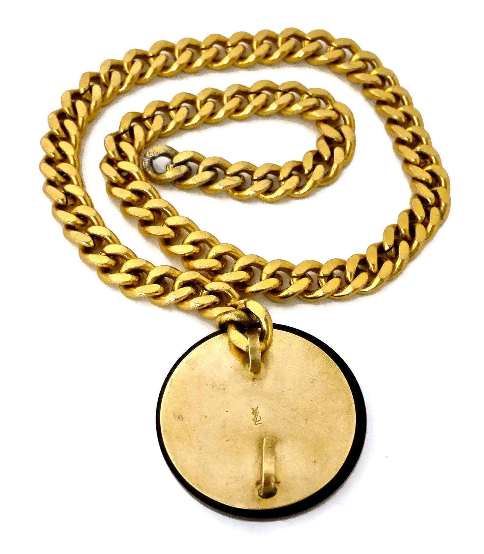 Vintage YVES SAINT LAURENT Ysl Chunky Wood Medallion Studded Necklace For Sale 3