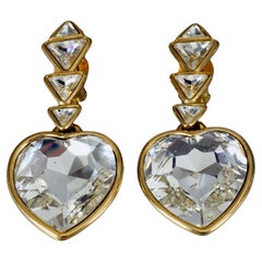 Vintage YVES SAINT LAURENT Ysl Crystal Heart Faceted Dangling Earrings