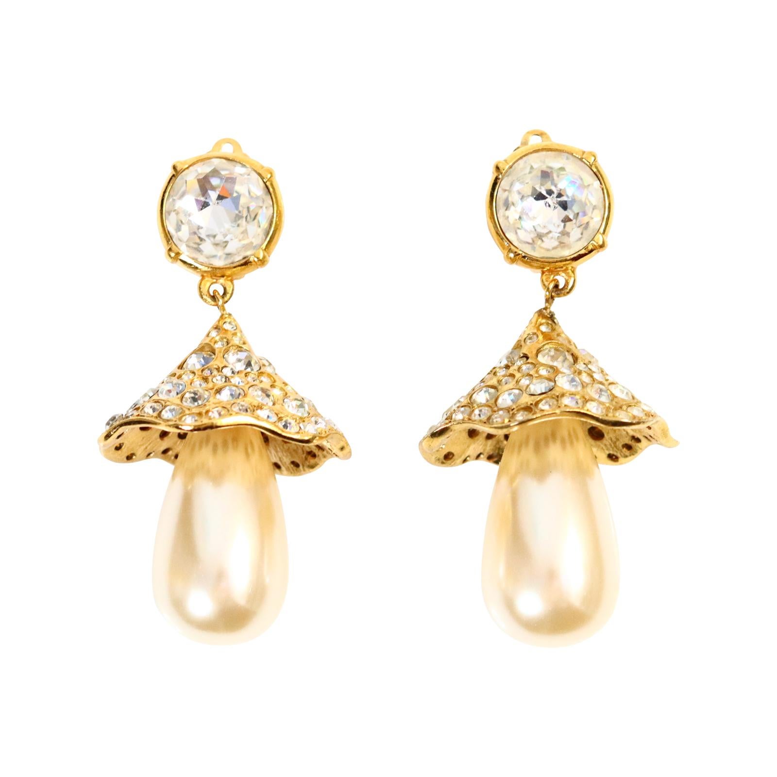 Vintage Yves Saint Laurent YSL Diamante Dome Like Pearl Earrings Circa 1980s. These are so gorgeous where do I even begin. The faux pearl is like a flower waking up under a dome of gold and crystals.  Like a  small umbrella that has sheltered it