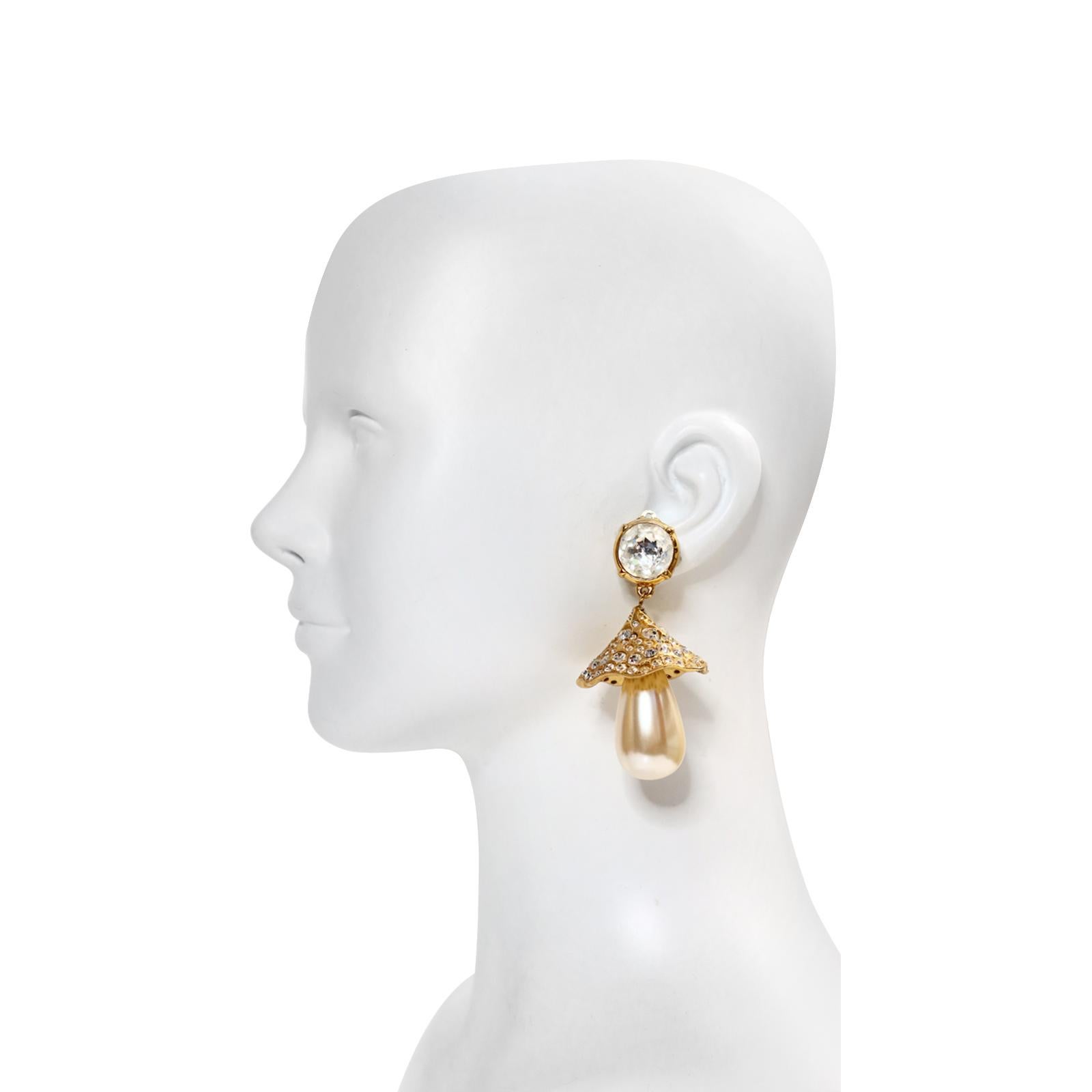 Vintage Yves Saint Laurent YSL Diamante Dome like Pearl Earrings, circa 1980s In Good Condition For Sale In New York, NY