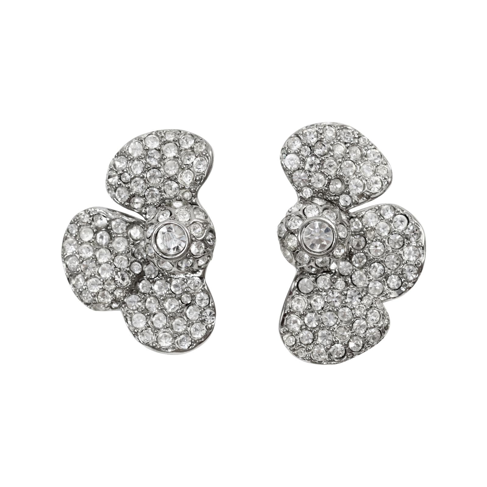 Vintage Yves Saint Laurent YSL Diamante Half Flower Earrings Circa 1980s. These earrings are a Flower that has been cut in half.  There is a specific one for the left and one for the right so they fit close to the ear. They are so chic as it is like