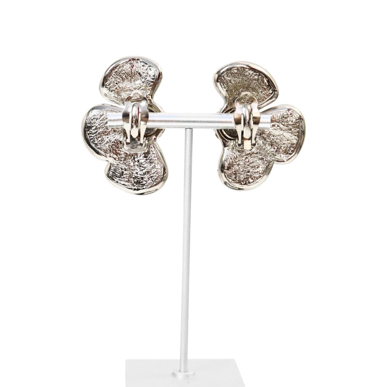 Vintage Yves Saint Laurent YSL Diamante Half Flower Earrings, Circa 1980s In Good Condition For Sale In New York, NY