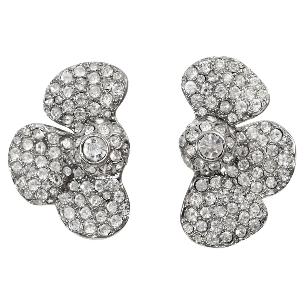 Vintage Yves Saint Laurent YSL Diamante Half Flower Earrings, Circa 1980s