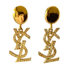 Retro Yves Saint Laurent YSL  Diamante Logo Statement Earrings