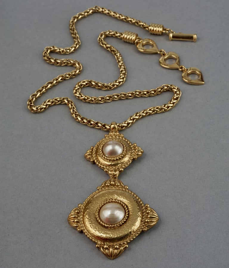 Vintage YVES SAINT LAURENT Ysl Double Diamond Pearl Chain Necklace at