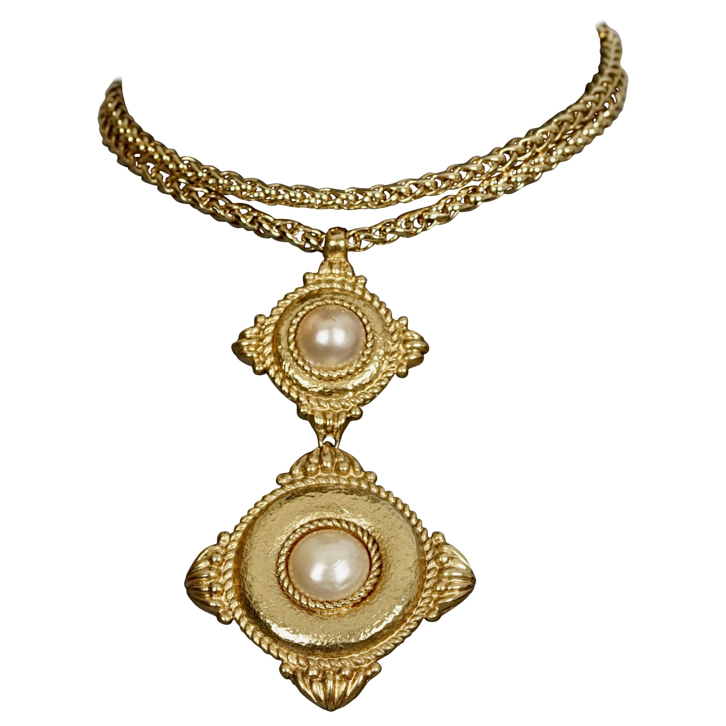 Vintage YVES SAINT LAURENT Ysl Double Diamond Pearl Chain Necklace