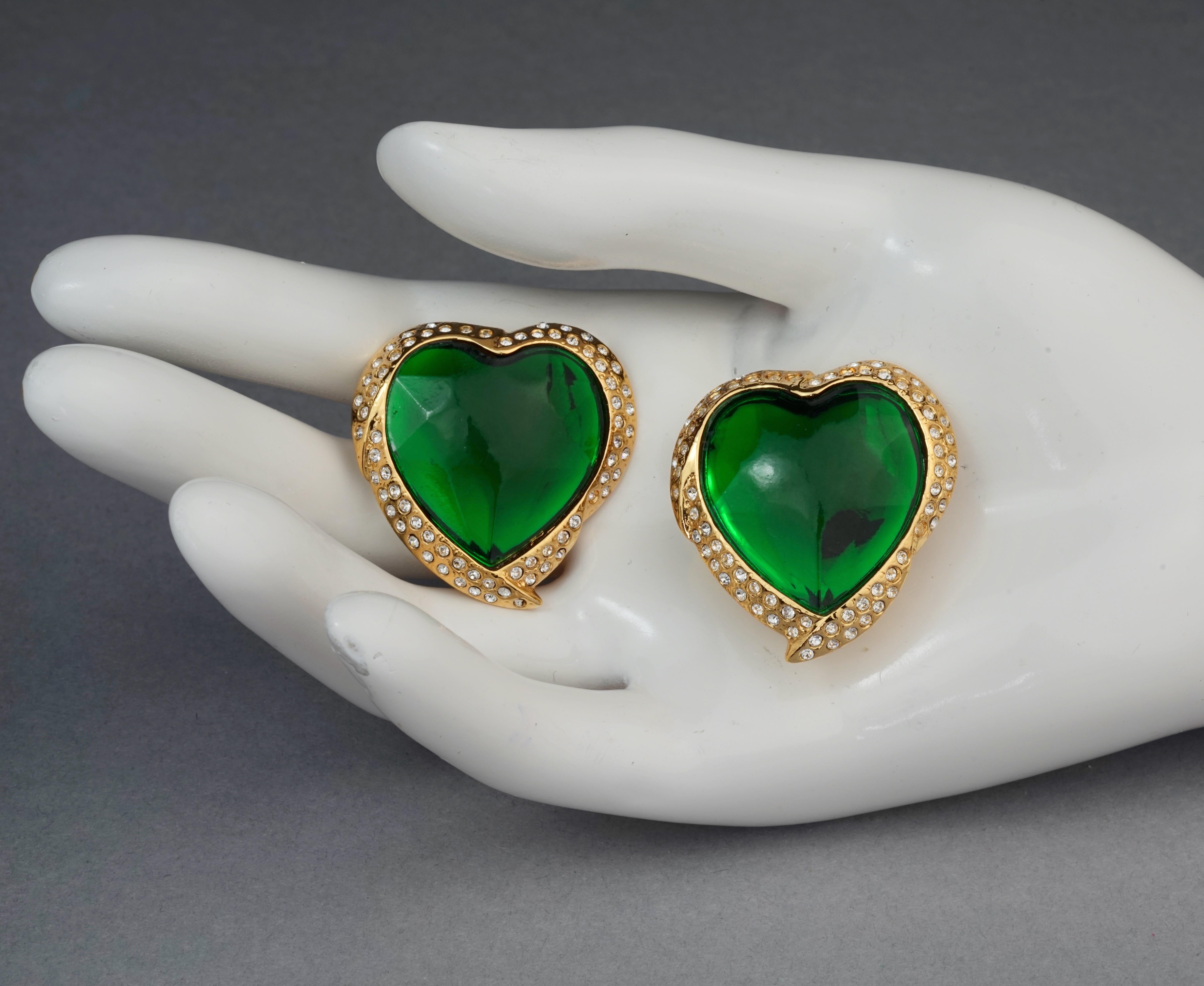 Vintage YVES SAINT LAURENT Ysl Emerald Green Faceted Heart Rhinestone Earrings 6