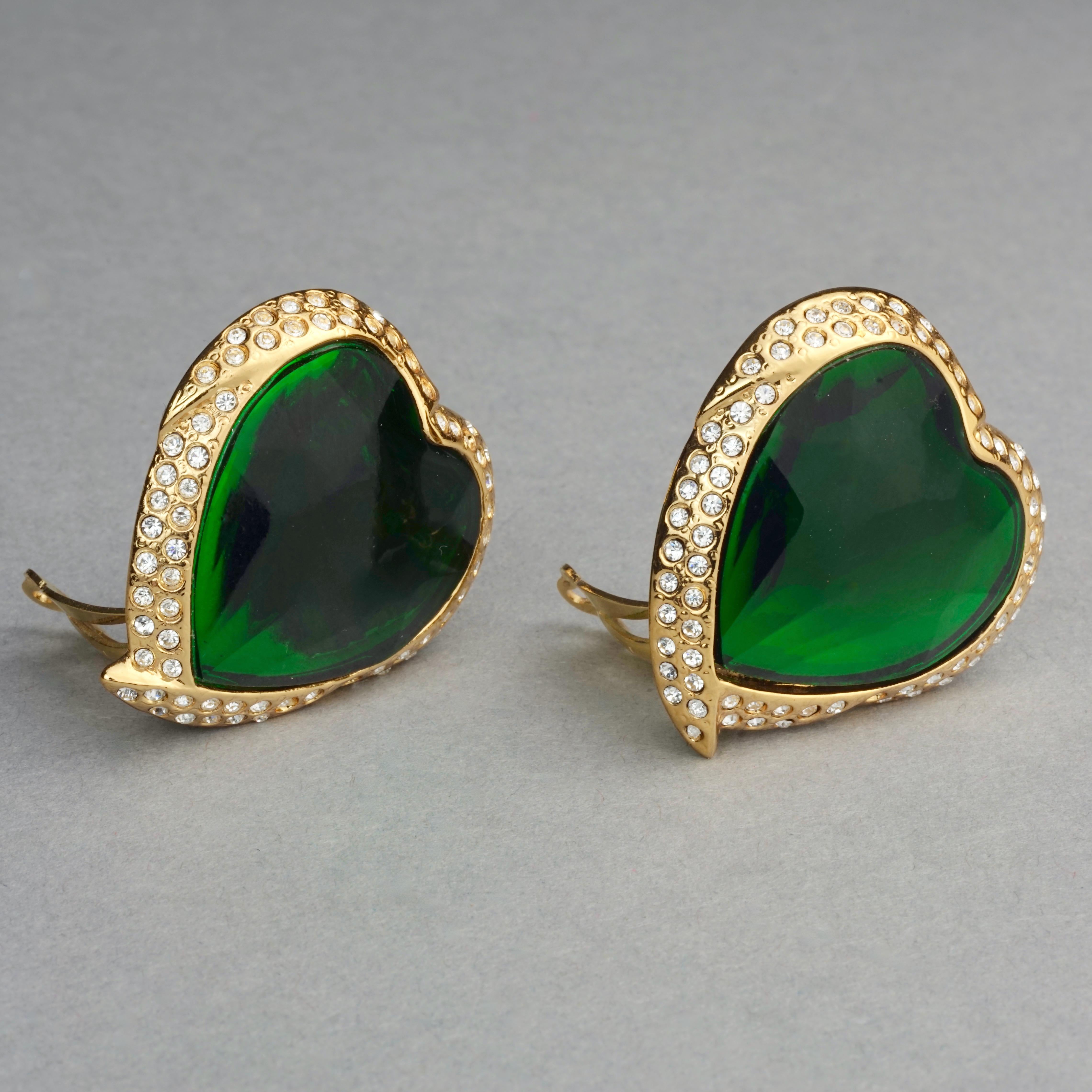 Women's Vintage YVES SAINT LAURENT Ysl Emerald Green Faceted Heart Rhinestone Earrings