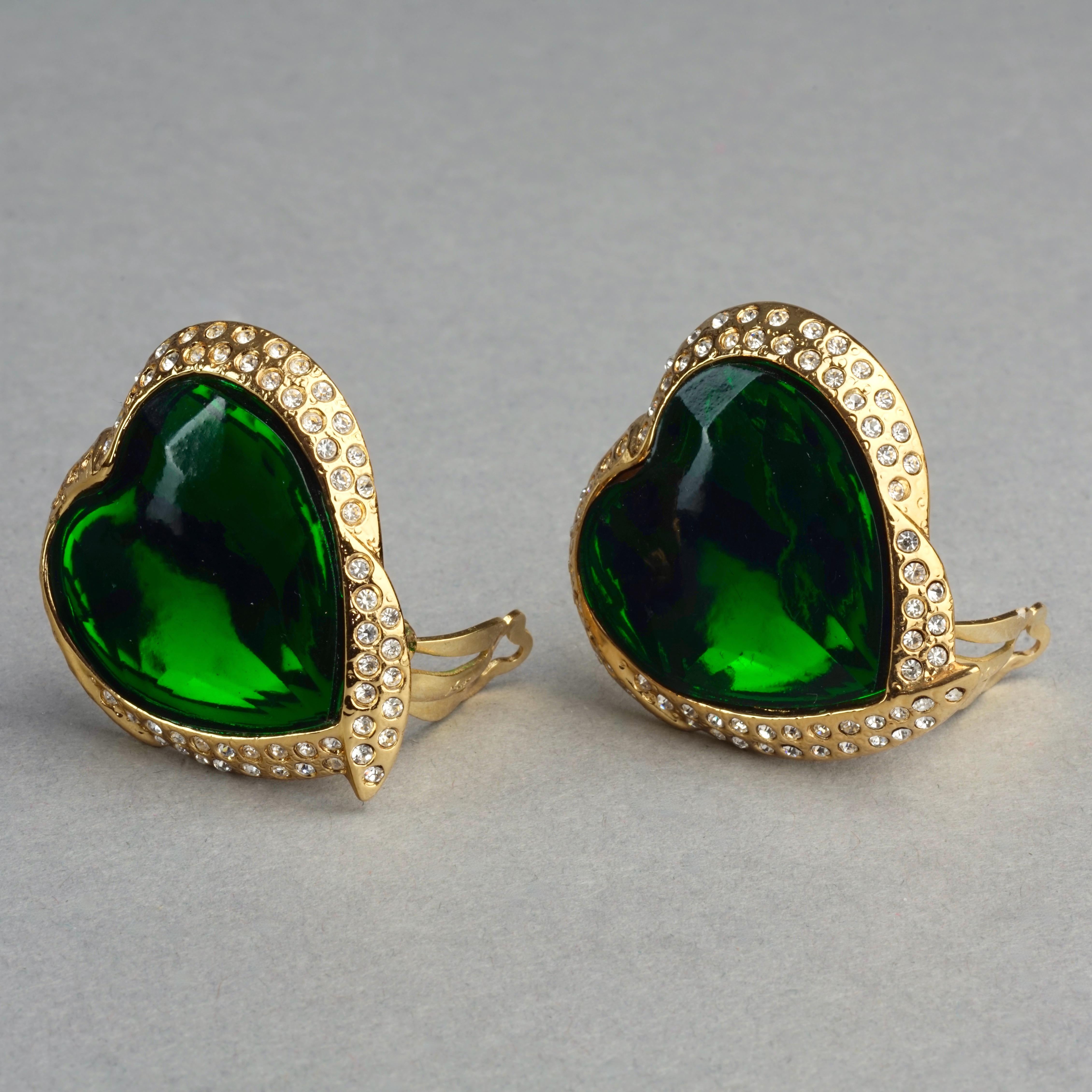 Vintage YVES SAINT LAURENT Ysl Emerald Green Faceted Heart Rhinestone Earrings 1