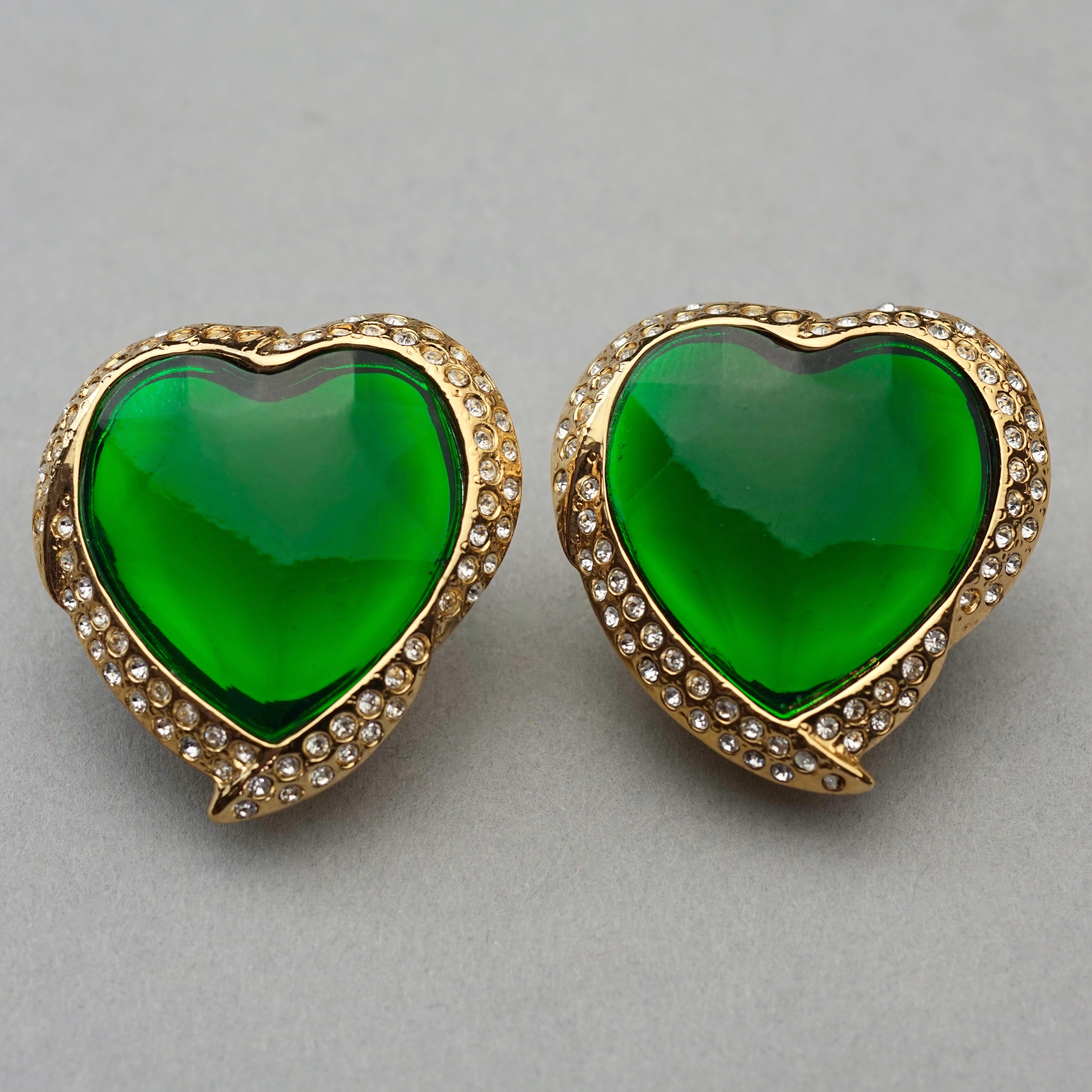 Vintage YVES SAINT LAURENT Ysl Emerald Green Faceted Heart Rhinestone Earrings 2
