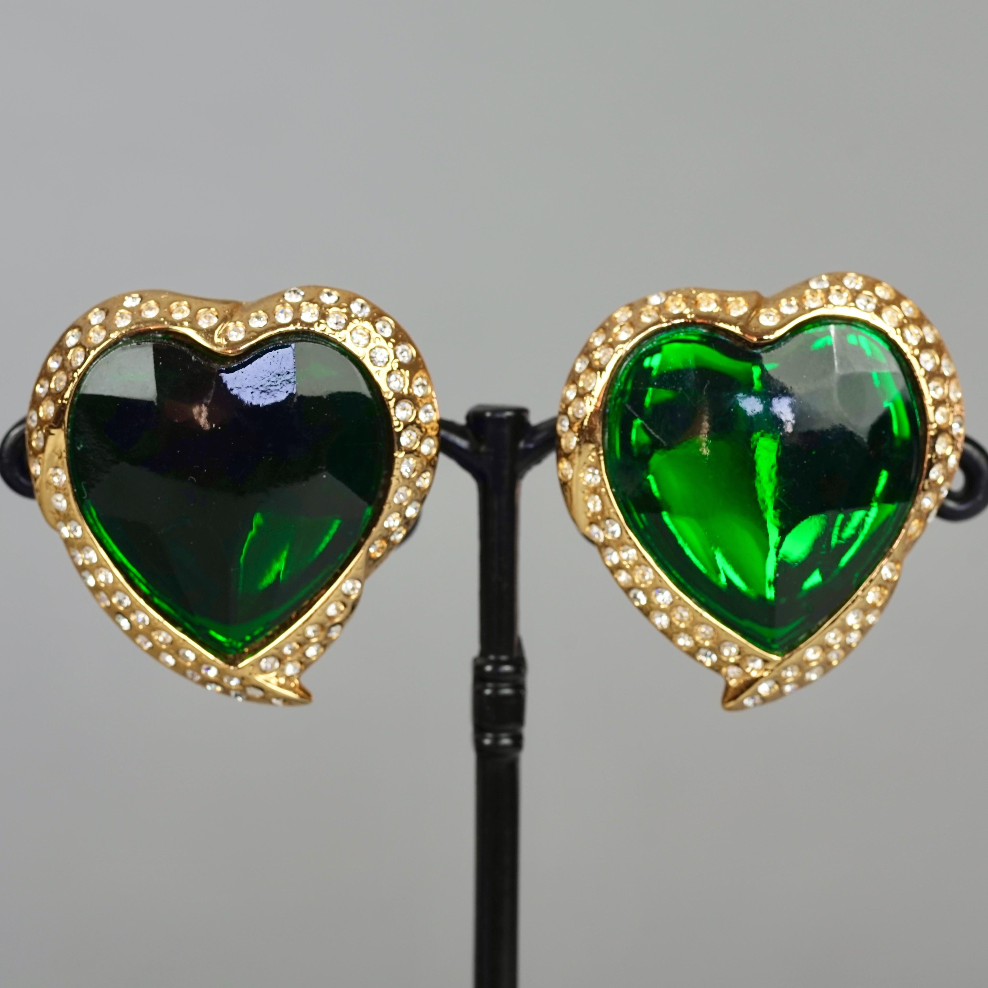 Vintage YVES SAINT LAURENT Ysl Emerald Green Faceted Heart Rhinestone Earrings 3