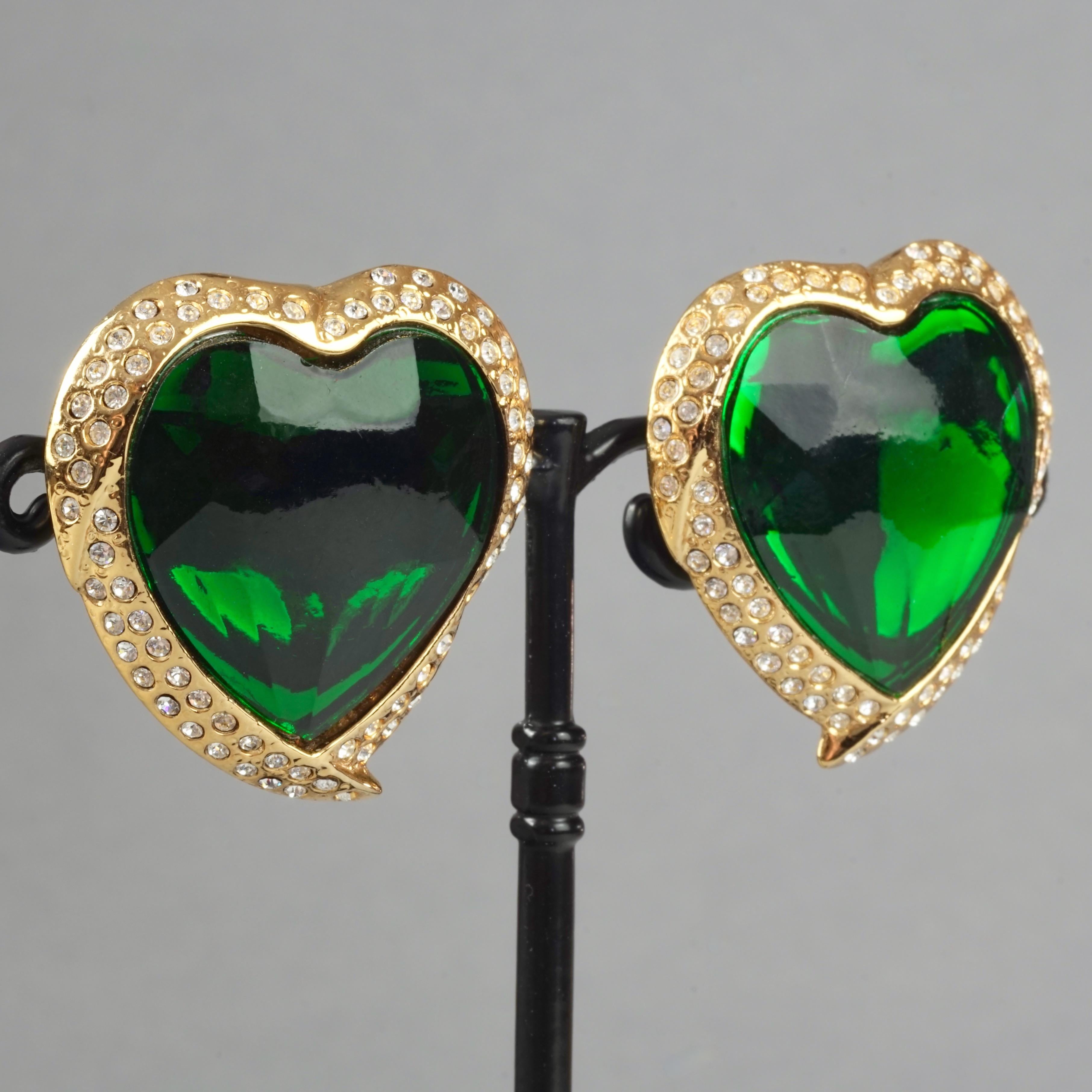 Vintage YVES SAINT LAURENT Ysl Emerald Green Faceted Heart Rhinestone Earrings 4