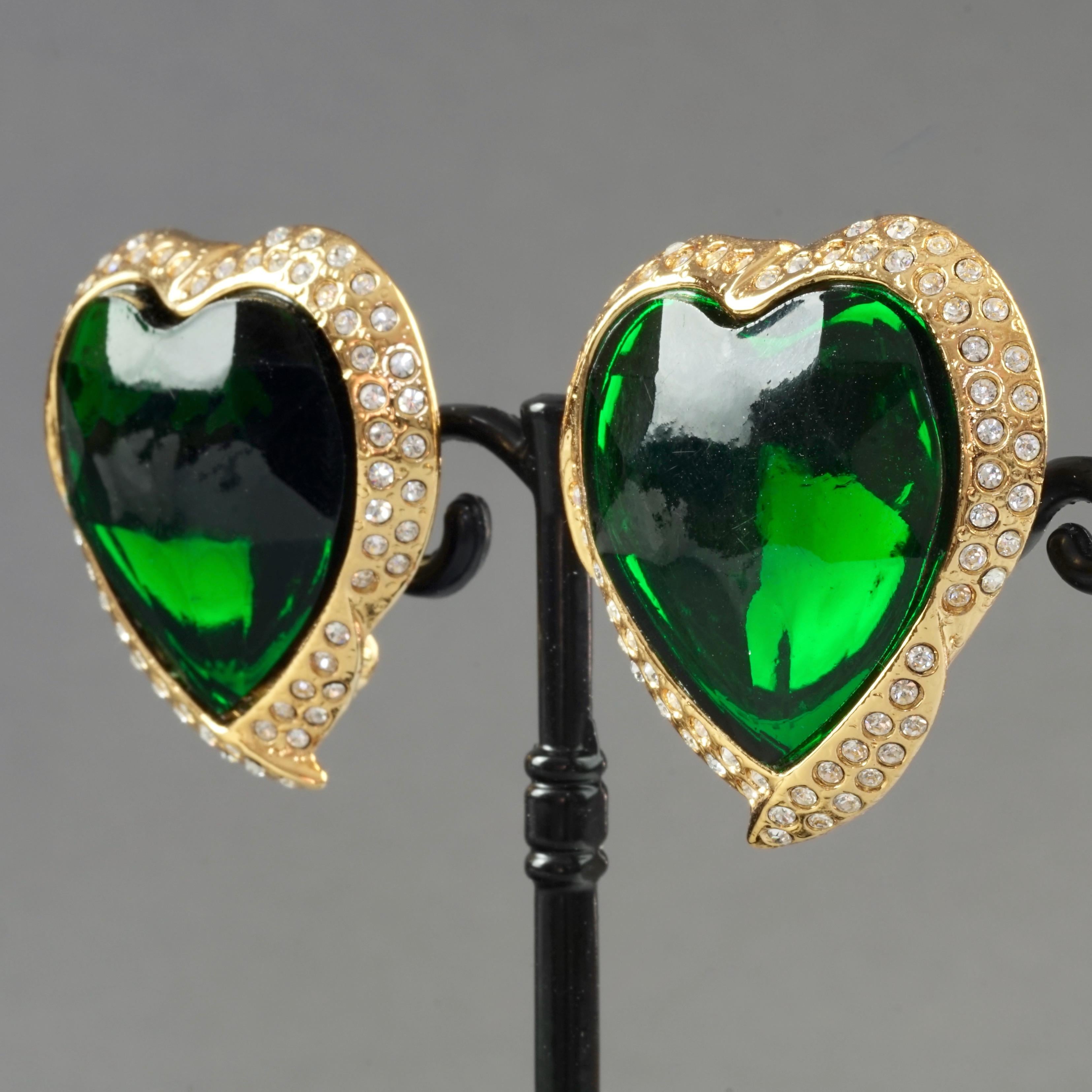 Vintage YVES SAINT LAURENT Ysl Emerald Green Faceted Heart Rhinestone Earrings 5